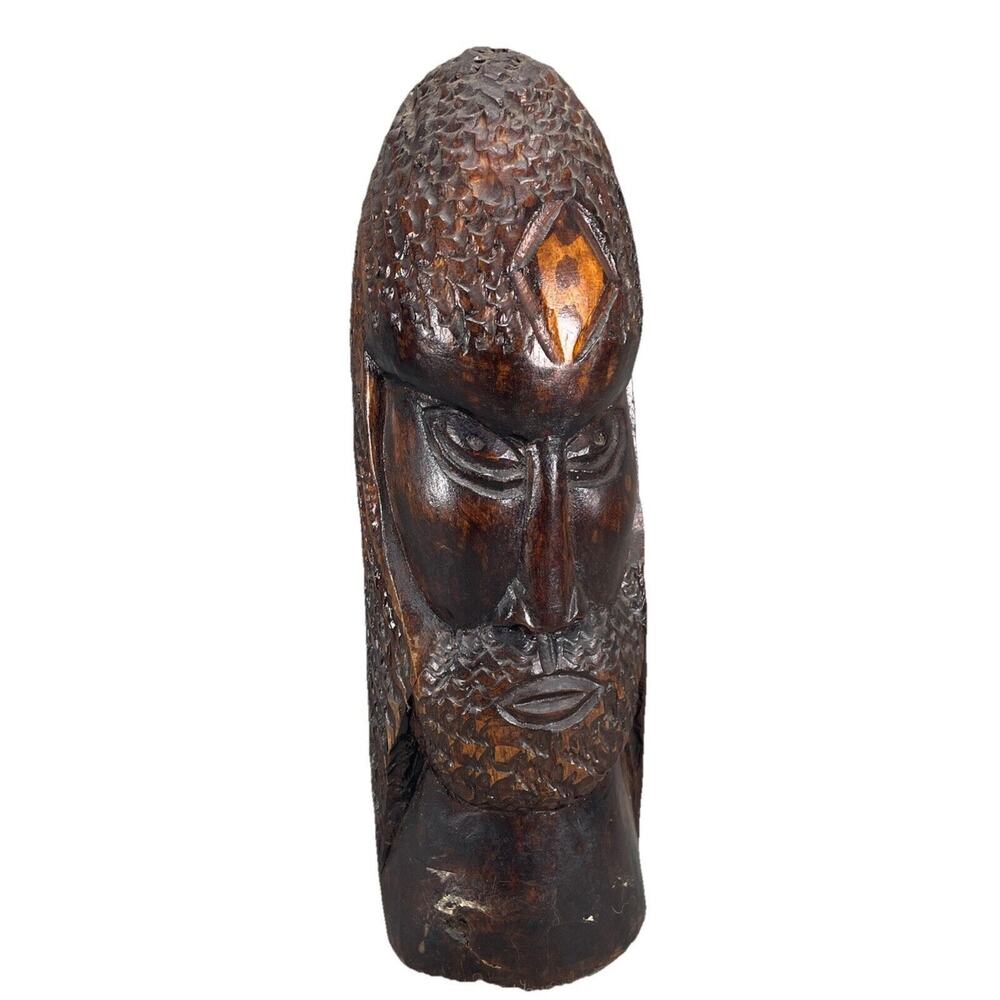 Rastafarian African Man 12.75”Carved Wood Bust Head Folk Art Jamaican Dread Head